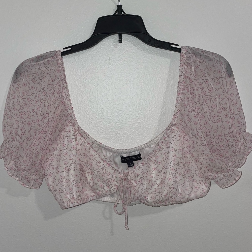 SET - Floral Mesh Sweetheart Puff Sleeve Crop & Floral Shirred Tie Mini Skirt